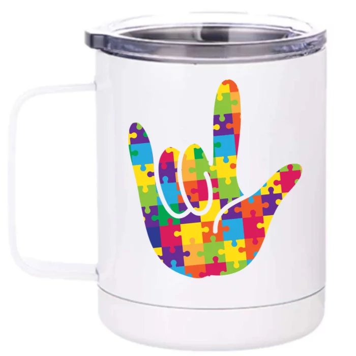 Autism Awareness ASL I Love You Puzzle Hand Front & Back 12oz Stainless Steel Tumbler Cup