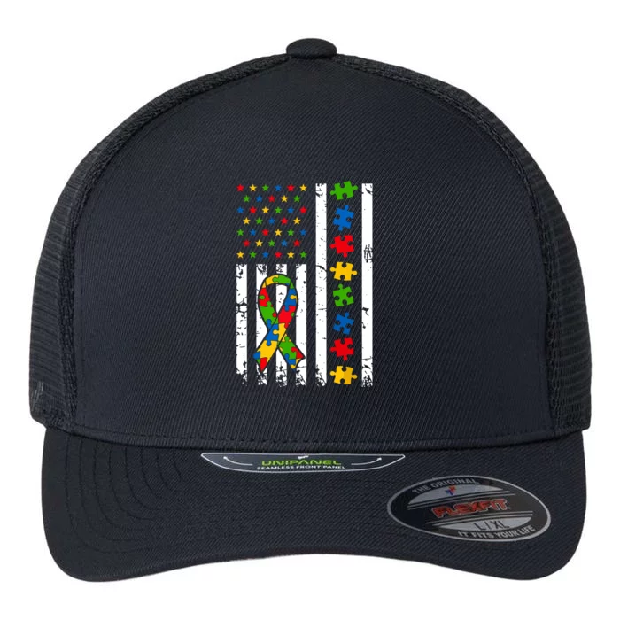 Autism Awareness American Flag Puzzle Piece Dad Father Flexfit Unipanel Trucker Cap