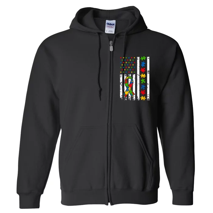 Autism Awareness American Flag Puzzle Piece Dad Father Full Zip Hoodie