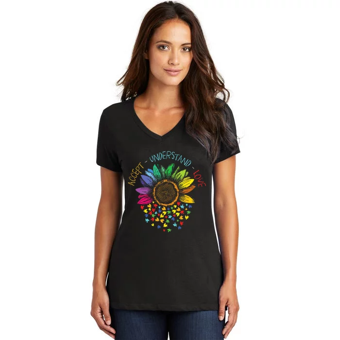 Autism Awareness Accept Understand Love ASD Rainbow Flower Women's V-Neck T-Shirt