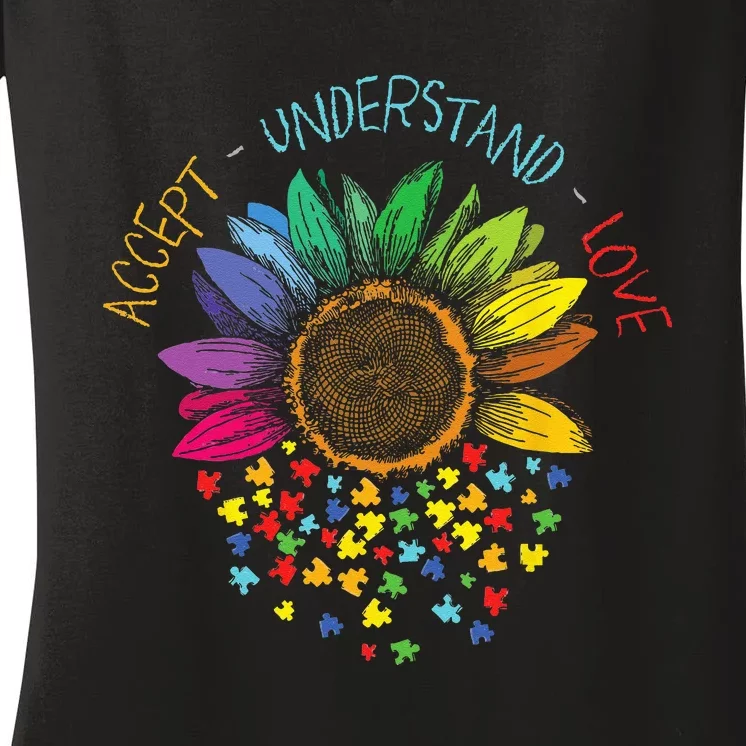 Autism Awareness Accept Understand Love ASD Rainbow Flower Women's V-Neck T-Shirt