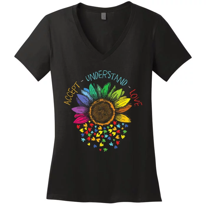 Autism Awareness Accept Understand Love ASD Rainbow Flower Women's V-Neck T-Shirt