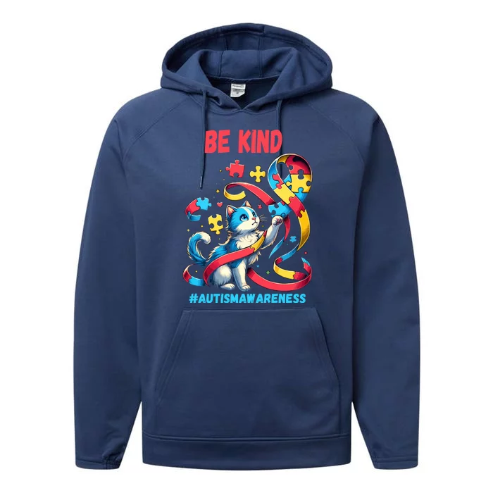 Autism Awareness Be Kind Cat Funny Gift Performance Fleece Hoodie