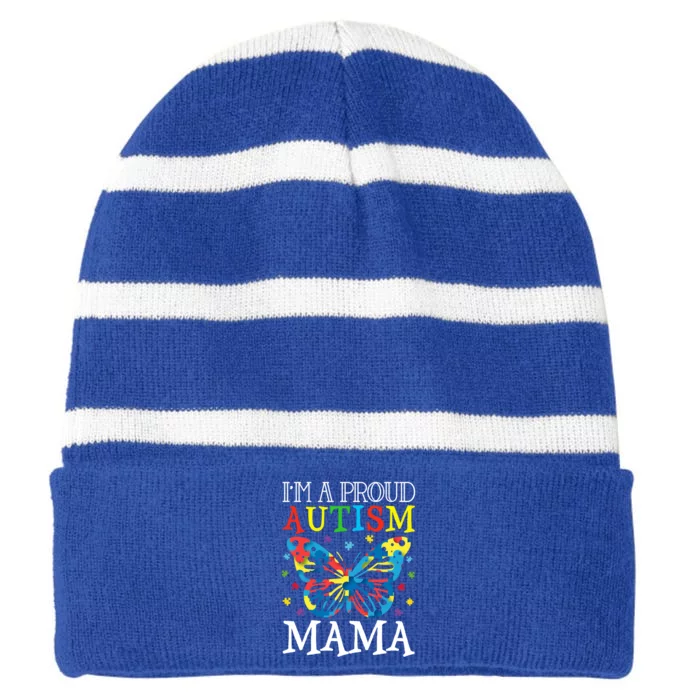 Autism Awareness Butterfly Design IM A Proud Autism Mama Gift Striped Beanie with Solid Band