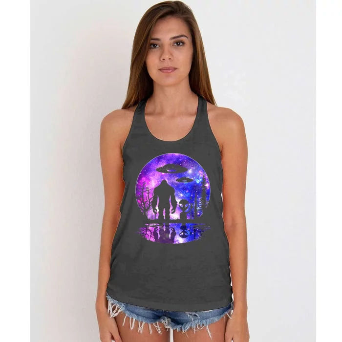 Alien And Bigfoot Full Moon Sasquatch Ufo Women's Knotted Racerback Tank