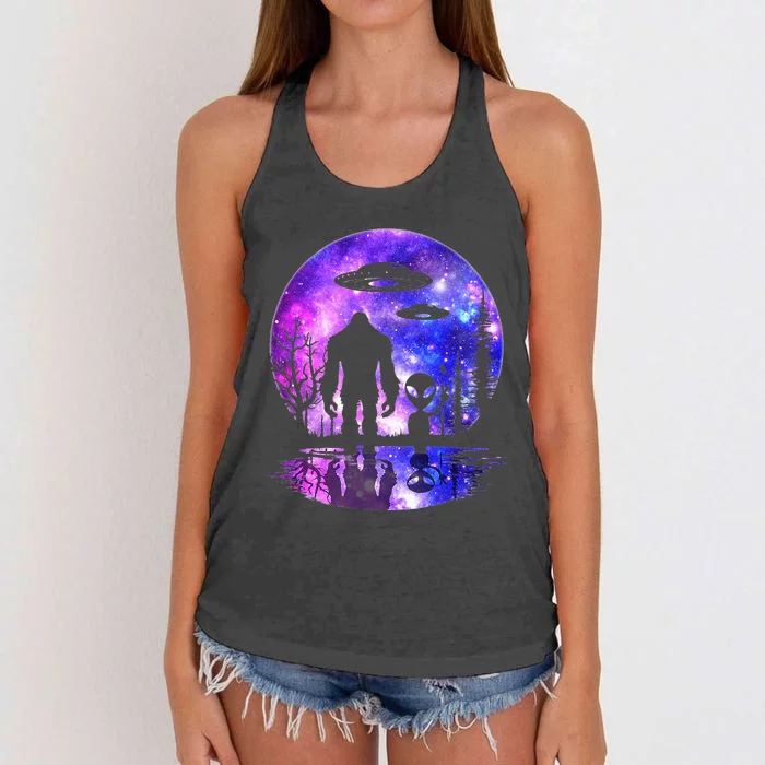 Alien And Bigfoot Full Moon Sasquatch Ufo Women's Knotted Racerback Tank