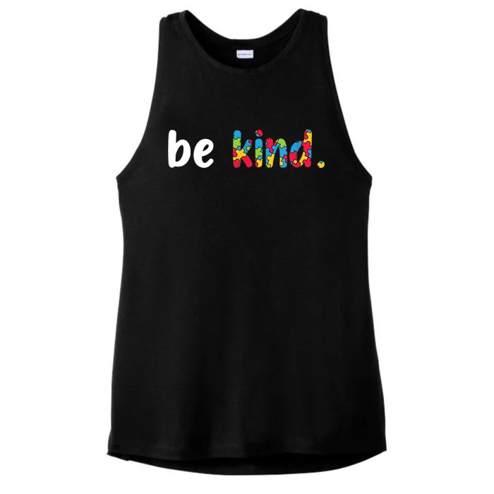 Autism Awareness Be Kind Colorful Puzzle Pieces Ladies Tri-Blend Wicking Tank