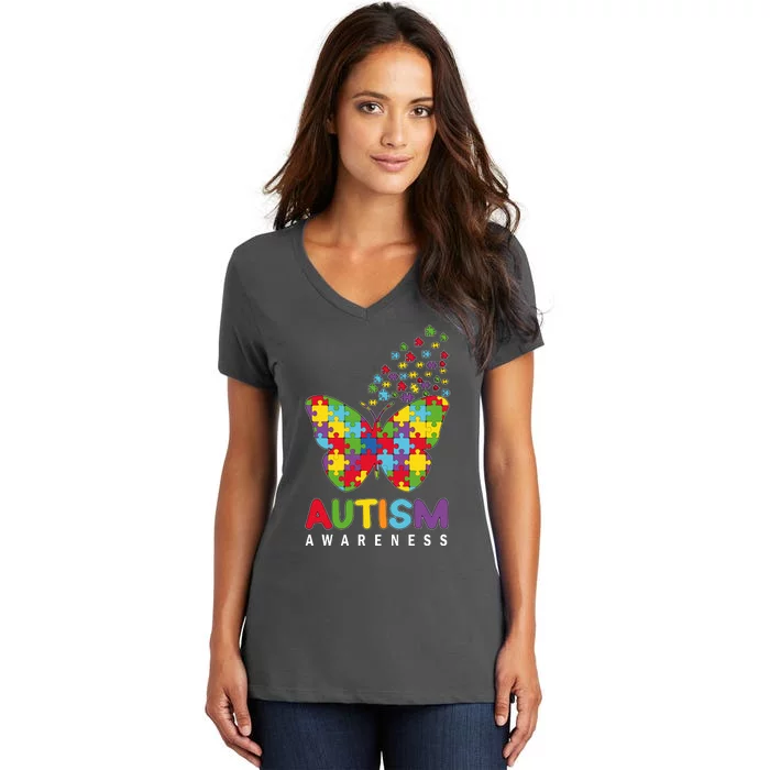 Autism Awareness Butterfly Puzzle Pieces Women's V-Neck T-Shirt