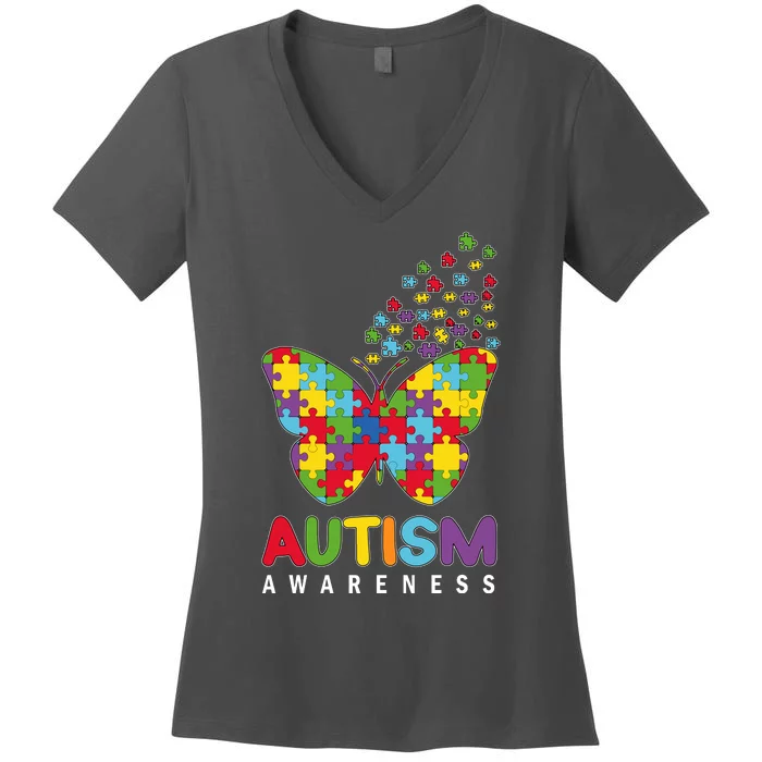 Autism Awareness Butterfly Puzzle Pieces Women's V-Neck T-Shirt