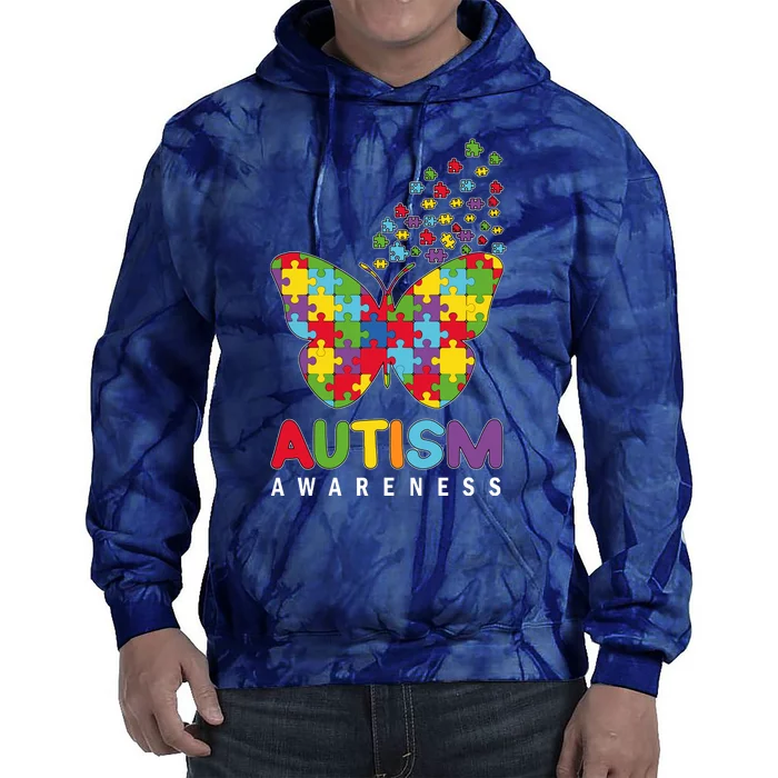 Autism Awareness Butterfly Puzzle Pieces Tie Dye Hoodie