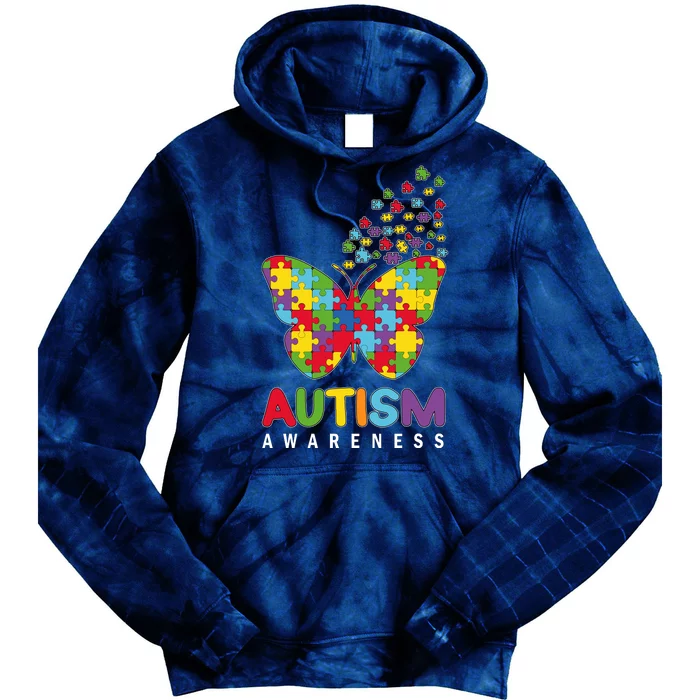 Autism Awareness Butterfly Puzzle Pieces Tie Dye Hoodie