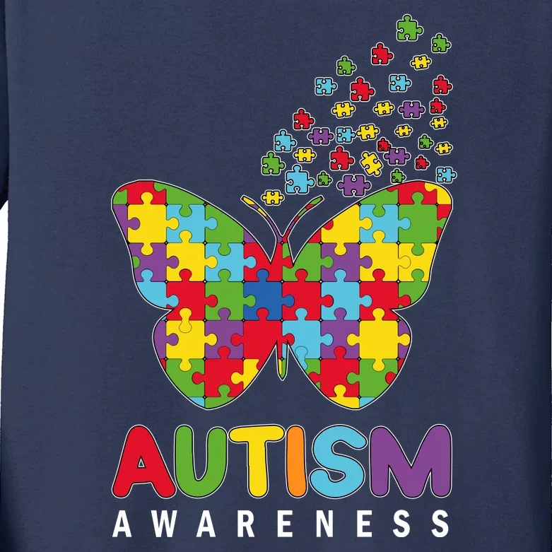 Autism Awareness Butterfly Puzzle Pieces Kids Long Sleeve Shirt