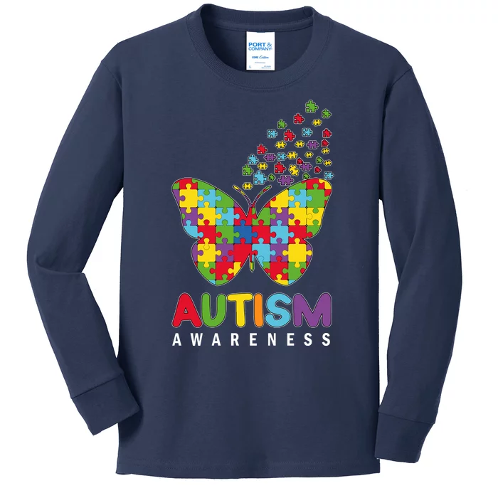 Autism Awareness Butterfly Puzzle Pieces Kids Long Sleeve Shirt