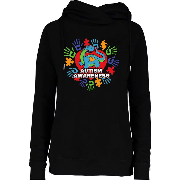 Autism Awareness Blue Dinosaur Womens Funnel Neck Pullover Hood