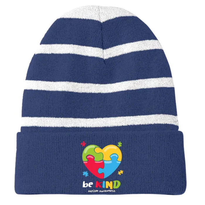 Autism Awareness - Be Kind Puzzle Heart Kindness Striped Beanie with Solid Band