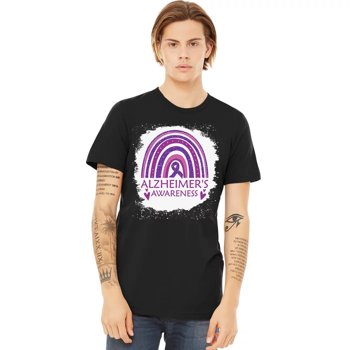 Alzheimer's Awareness Bleached Rainbow Purple Ribbon Premium T-Shirt