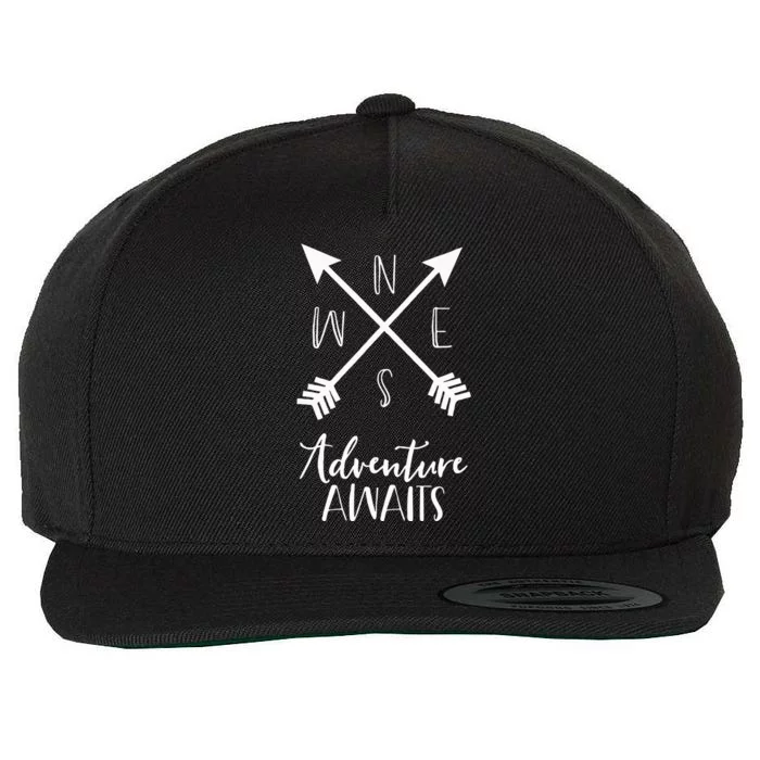 Adventure Awaits Boho Hiking Travel Arrows Compass Wool Snapback Cap