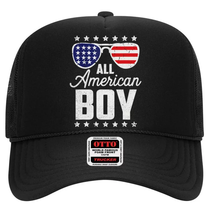 All American Boy 4th Of July Sunglasses USA Flag Boy Kids High Crown Mesh Trucker Hat