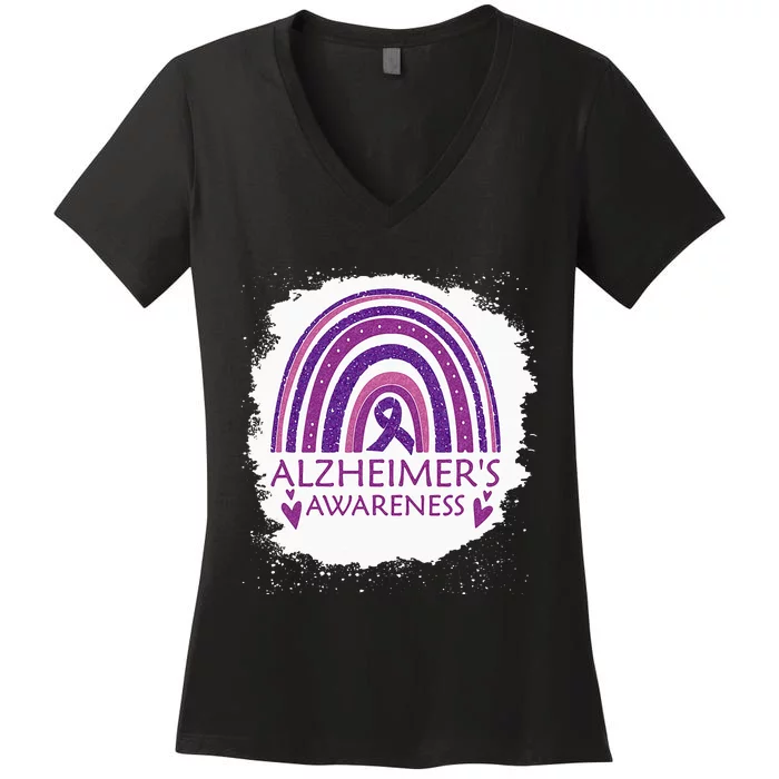 Alzheimers Awareness Bleached Rainbow Purple Ribbon Women's V-Neck T-Shirt