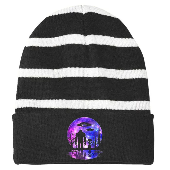 Alien And Bigfoot Full Moon Sasquatch UFO Striped Beanie with Solid Band