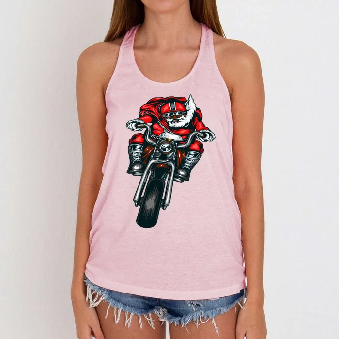 African American Black Biker Santa Claus Christmas Gift Women's Knotted Racerback Tank