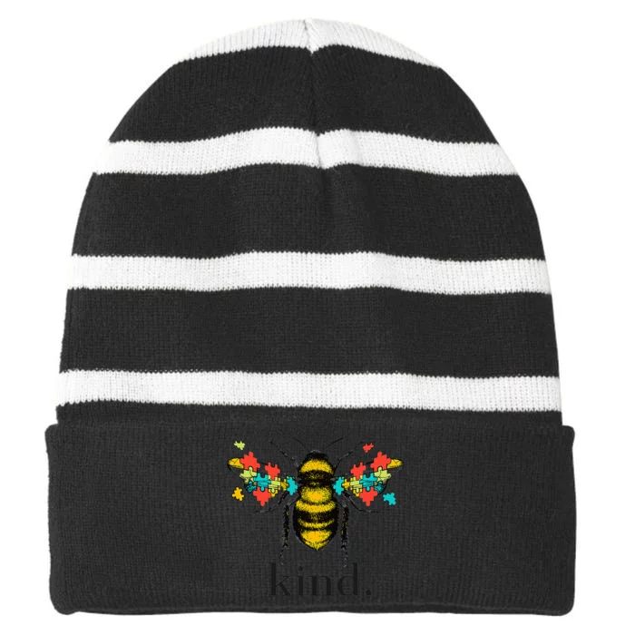 Autism Awareness Bee Kind Puzzle Pieces Striped Beanie with Solid Band