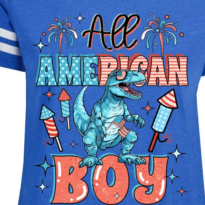 All American Boy Dinosaur Funny 4th Of July Enza Ladies Jersey Football T-Shirt