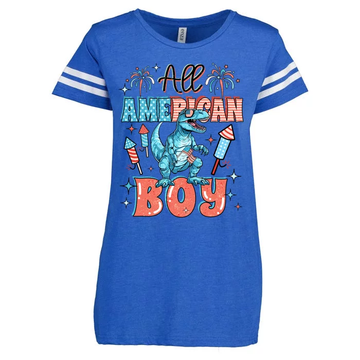 All American Boy Dinosaur Funny 4th Of July Enza Ladies Jersey Football T-Shirt