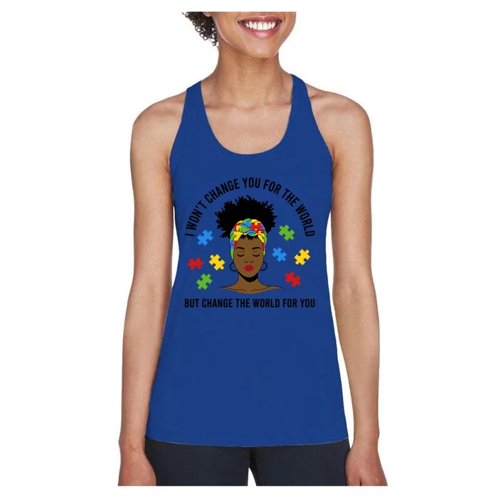 Autism Awareness Black Afro Mom Life Autistic Mother Gift Women's Racerback Tank