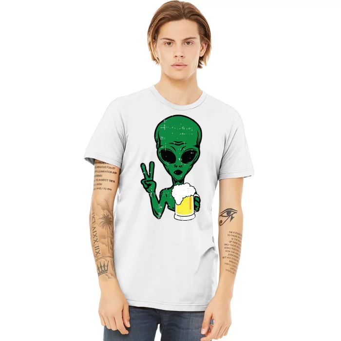 Area51 Alien Beer Peace Sign Lazy Drinking Halloween Gift Premium T-Shirt