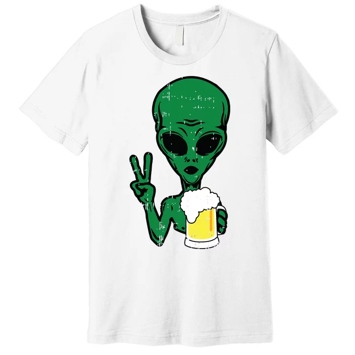 Area51 Alien Beer Peace Sign Lazy Drinking Halloween Gift Premium T-Shirt