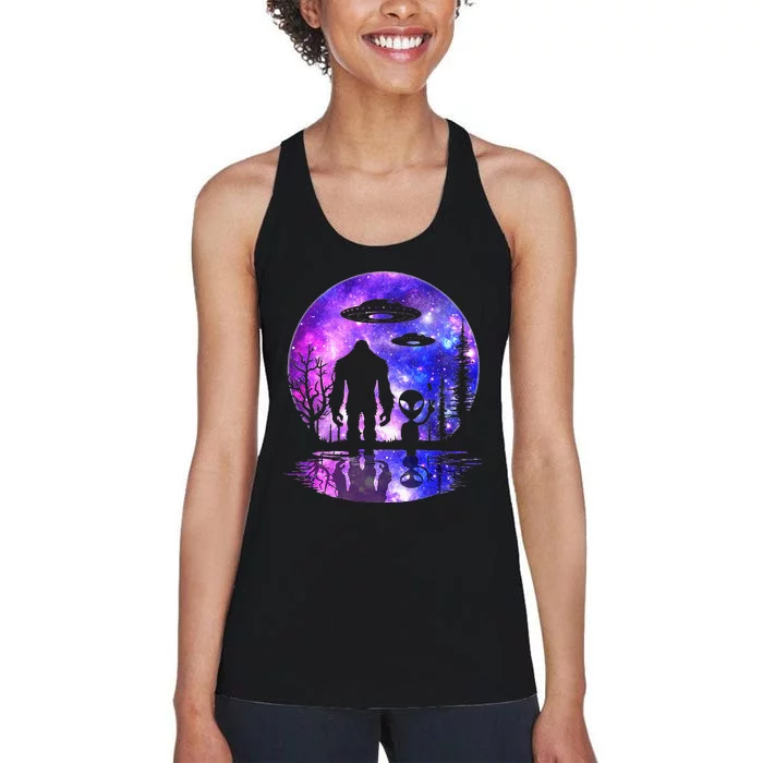 Alien And Bigfoot Full Moon Sasquatch Ufo Women's Racerback Tank