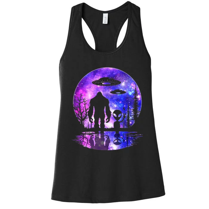 Alien And Bigfoot Full Moon Sasquatch Ufo Women's Racerback Tank