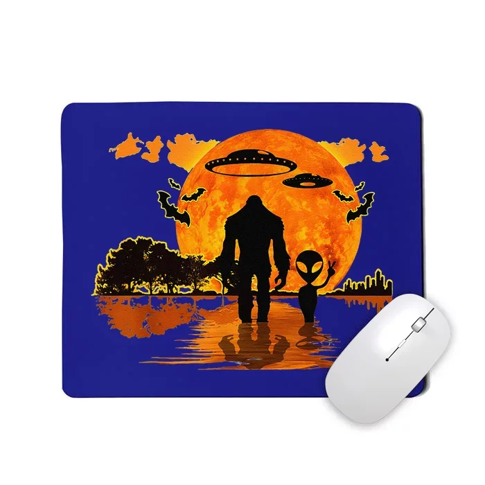 Alien And Bigfoot Sasquatch Moon Halloween Mousepad