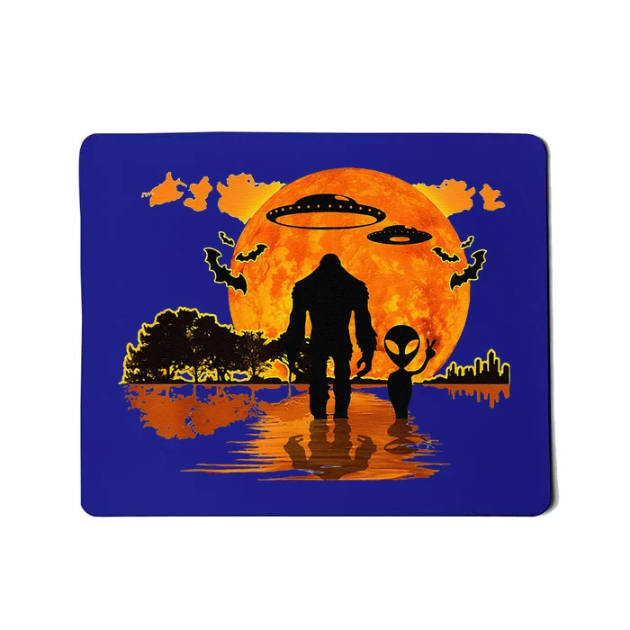 Alien And Bigfoot Sasquatch Moon Halloween Mousepad