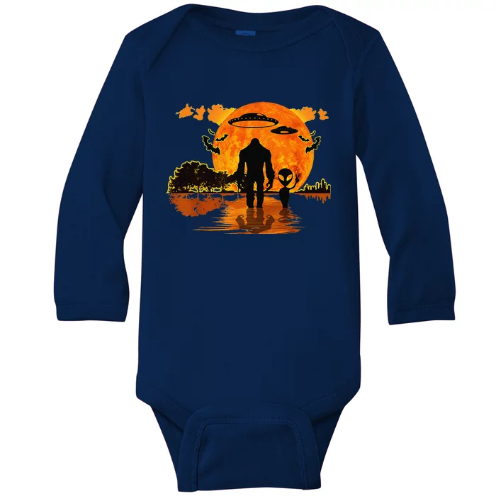 Alien And Bigfoot Sasquatch Moon Halloween Baby Long Sleeve Bodysuit