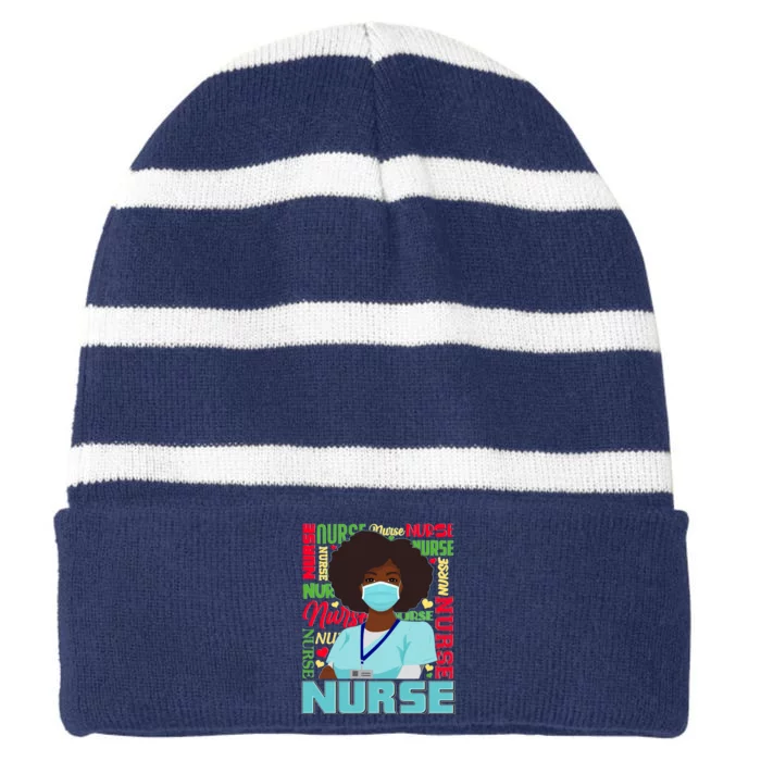 African American Black Nurse Striped Beanie with Solid Band