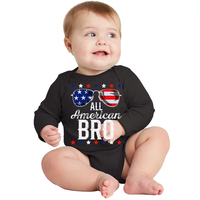 All American Bro 4th Of July Usa Sunglasses Family Fun Baby Long Sleeve Bodysuit