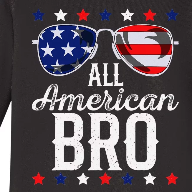 All American Bro 4th Of July Usa Sunglasses Family Fun Baby Long Sleeve Bodysuit