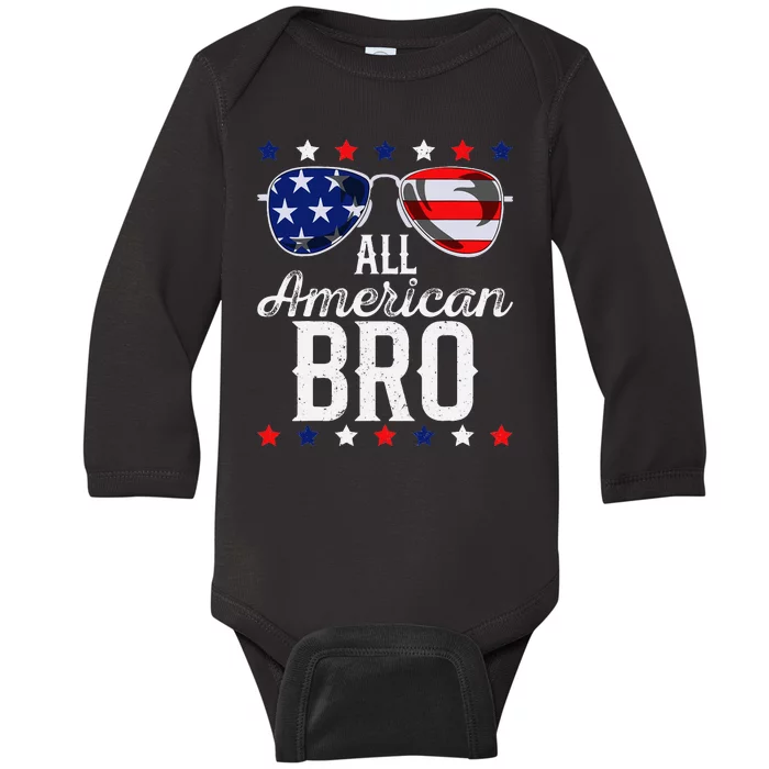 All American Bro 4th Of July Usa Sunglasses Family Fun Baby Long Sleeve Bodysuit