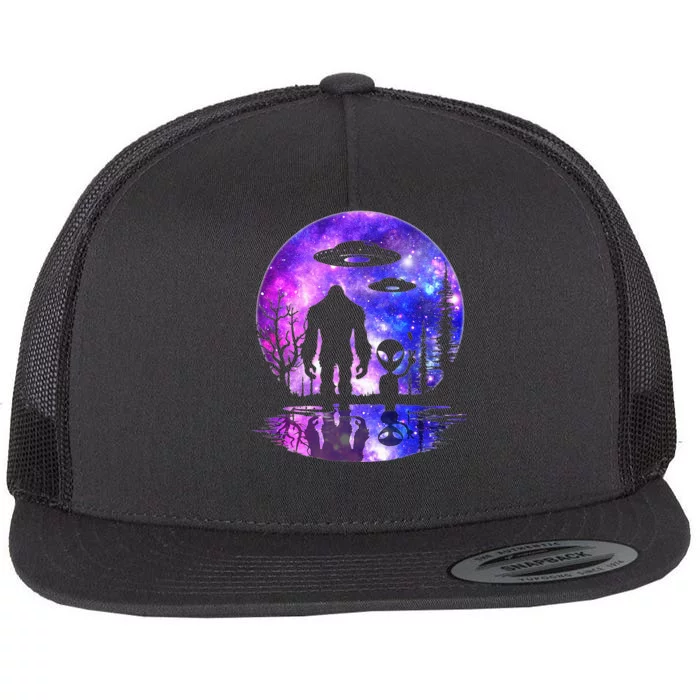 Alien And Bigfoot Full Moon Sasquatch UFO Flat Bill Trucker Hat