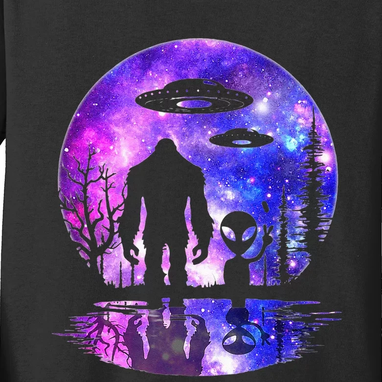 Alien And Bigfoot Full Moon Sasquatch UFO Kids Long Sleeve Shirt