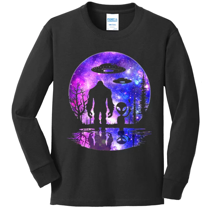 Alien And Bigfoot Full Moon Sasquatch UFO Kids Long Sleeve Shirt