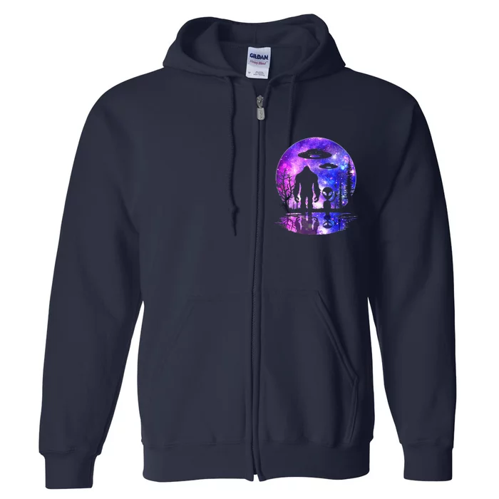 Alien And Bigfoot Full Moon Sasquatch UFO Full Zip Hoodie