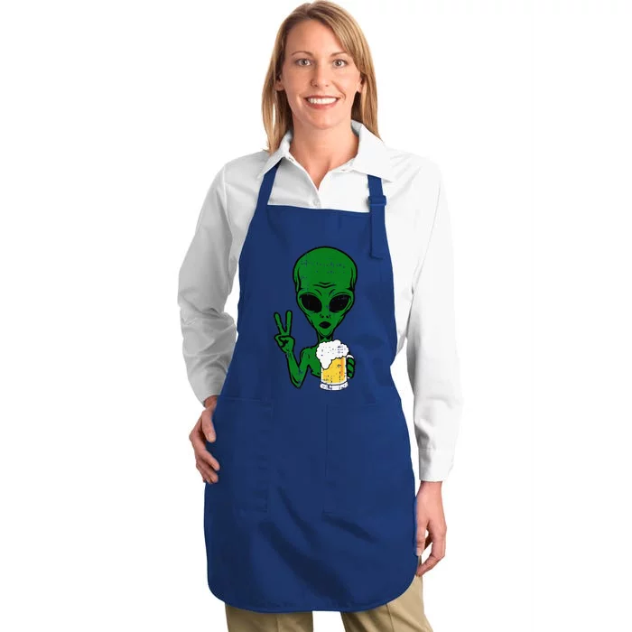 Area51 Alien Beer Peace Sign Lazy Drinking Halloween Gift Full-Length Apron With Pocket