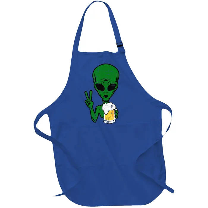 Area51 Alien Beer Peace Sign Lazy Drinking Halloween Gift Full-Length Apron With Pocket