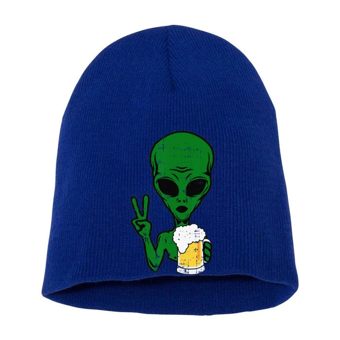 Area51 Alien Beer Peace Sign Lazy Drinking Halloween Gift Short Acrylic Beanie