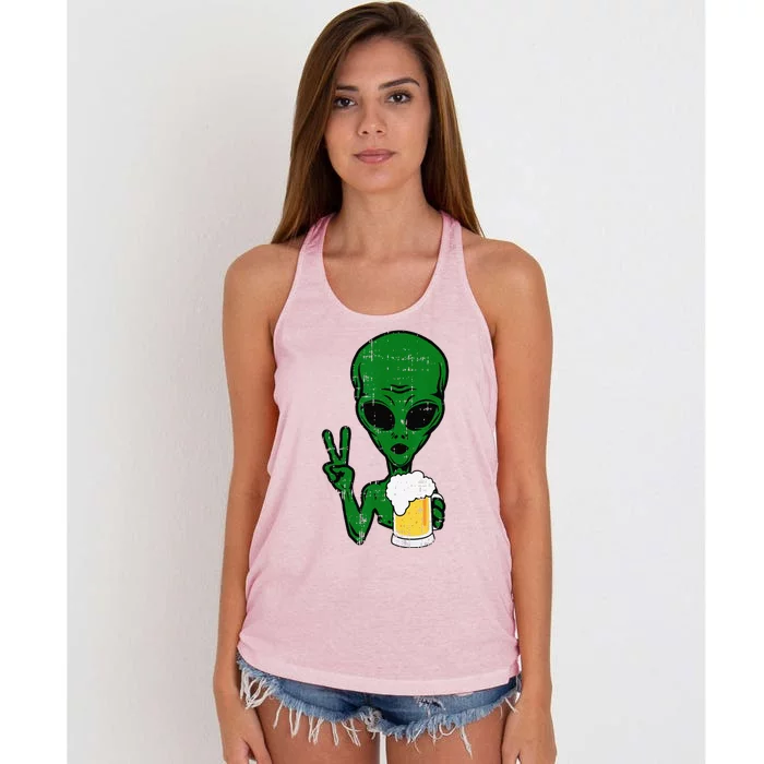 Area51 Alien Beer Peace Sign Lazy Drinking Halloween Gift Women's Knotted Racerback Tank