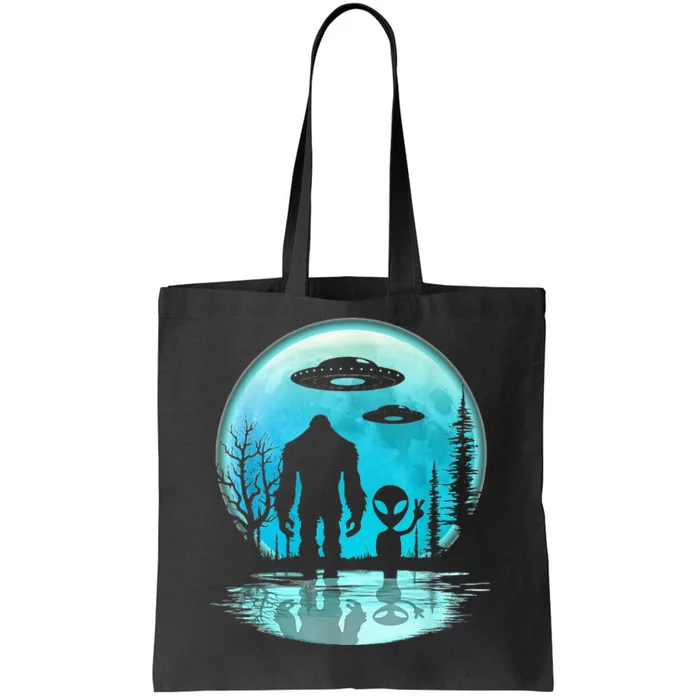 Alien And Bigfoot Moon Tote Bag