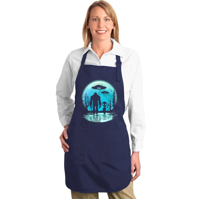 Alien And Bigfoot Moon Full-Length Apron With Pocket